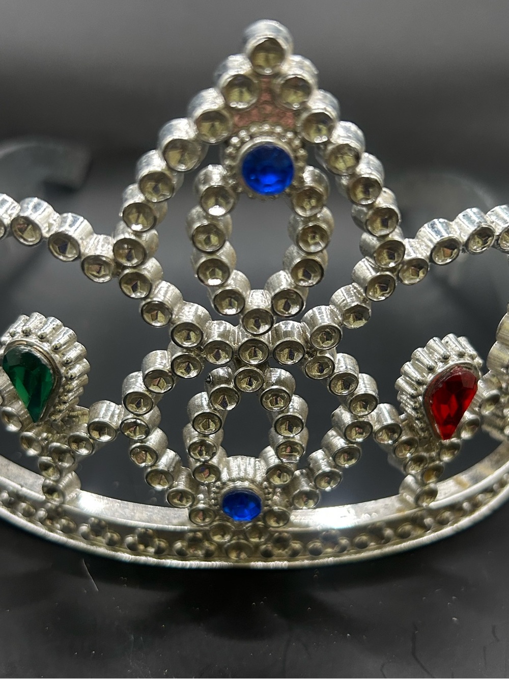Silvertone Tiara with Blue, Red, and Green Gems